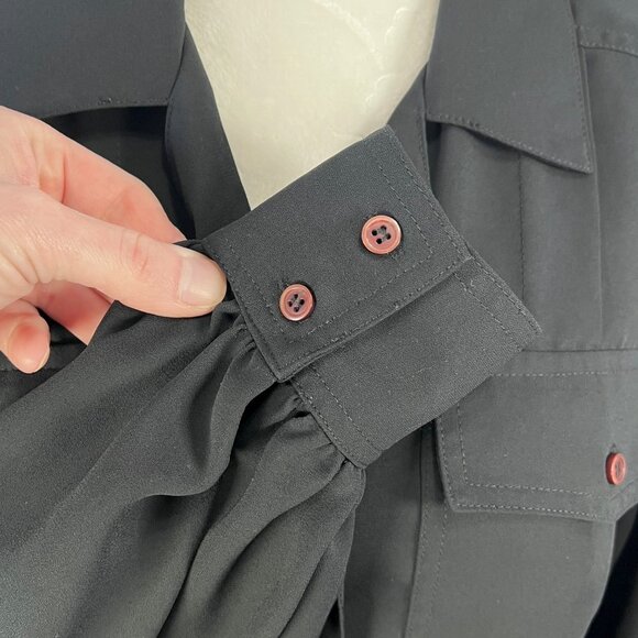 Vintage Black Button-Up Blouse Pleated Pockets 70s Poly Size Small - Picture 8 of 10